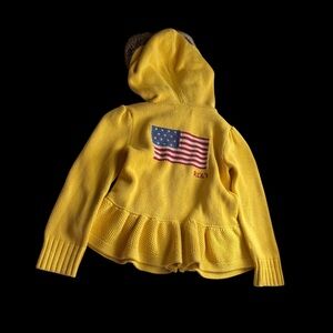 Polo Ralph Lauren Zip Cardigan Girl 6 Yellow USA Flag Knit Fur Lined Hood FLAW